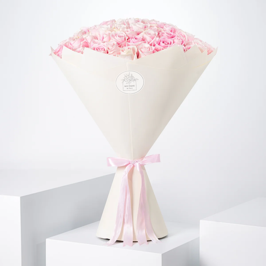 100 Pink Roses Bouquet Side View – Premium Long Stem Pink Roses | Boutique de Fleurs Lahore Pakistan