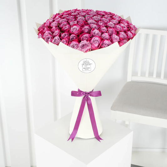 100 Purple Roses Bouquet Side View – Rare Purple Roses Hand-Tied | Boutique de Fleurs Lahore Pakistan