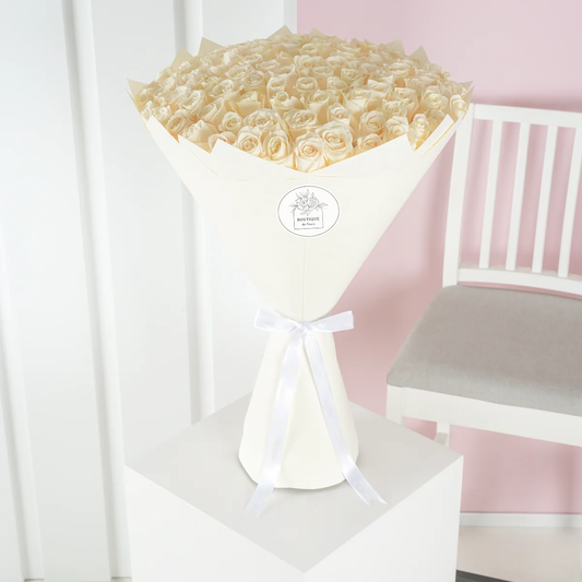 100 White Roses Bouquet Side View – Elegant White Rose Bouquet | Boutique de Fleurs Lahore Pakistan