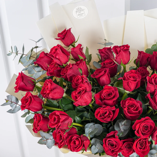 50 Red Roses Bouquet Side View – Romantic Red Rose Bouquet | Boutique de Fleurs Lahore Pakistan
