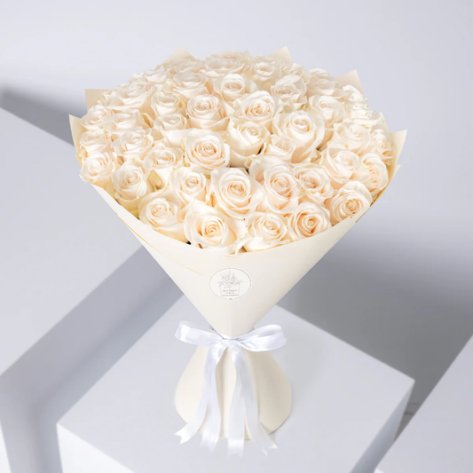 50 White Roses Bouquet Side View – Premium White Rose Bouquet | Boutique de Fleurs Lahore Pakistan