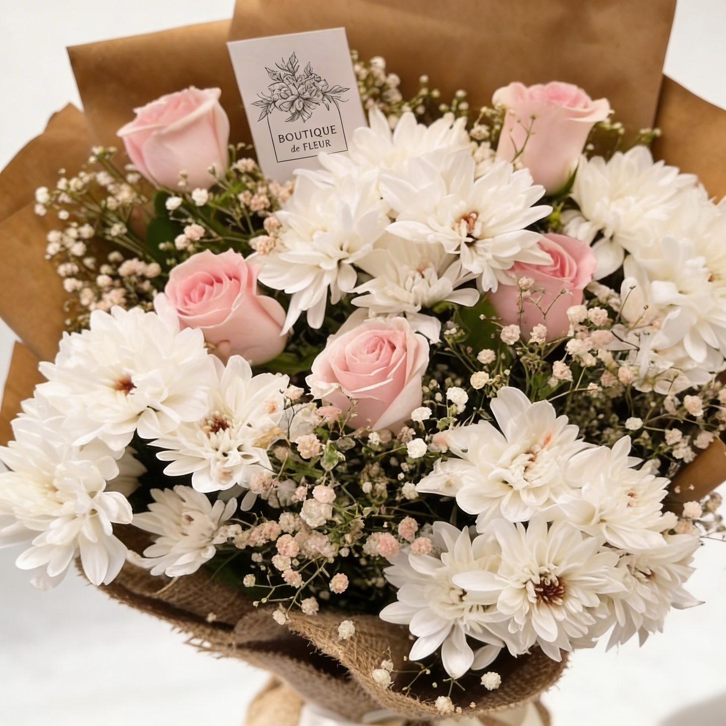Blush Harmony Bouquet Detail – Timeless Pink Rose & Chrysanthemum Bouquet | Boutique de Fleurs Lahore Pakistan