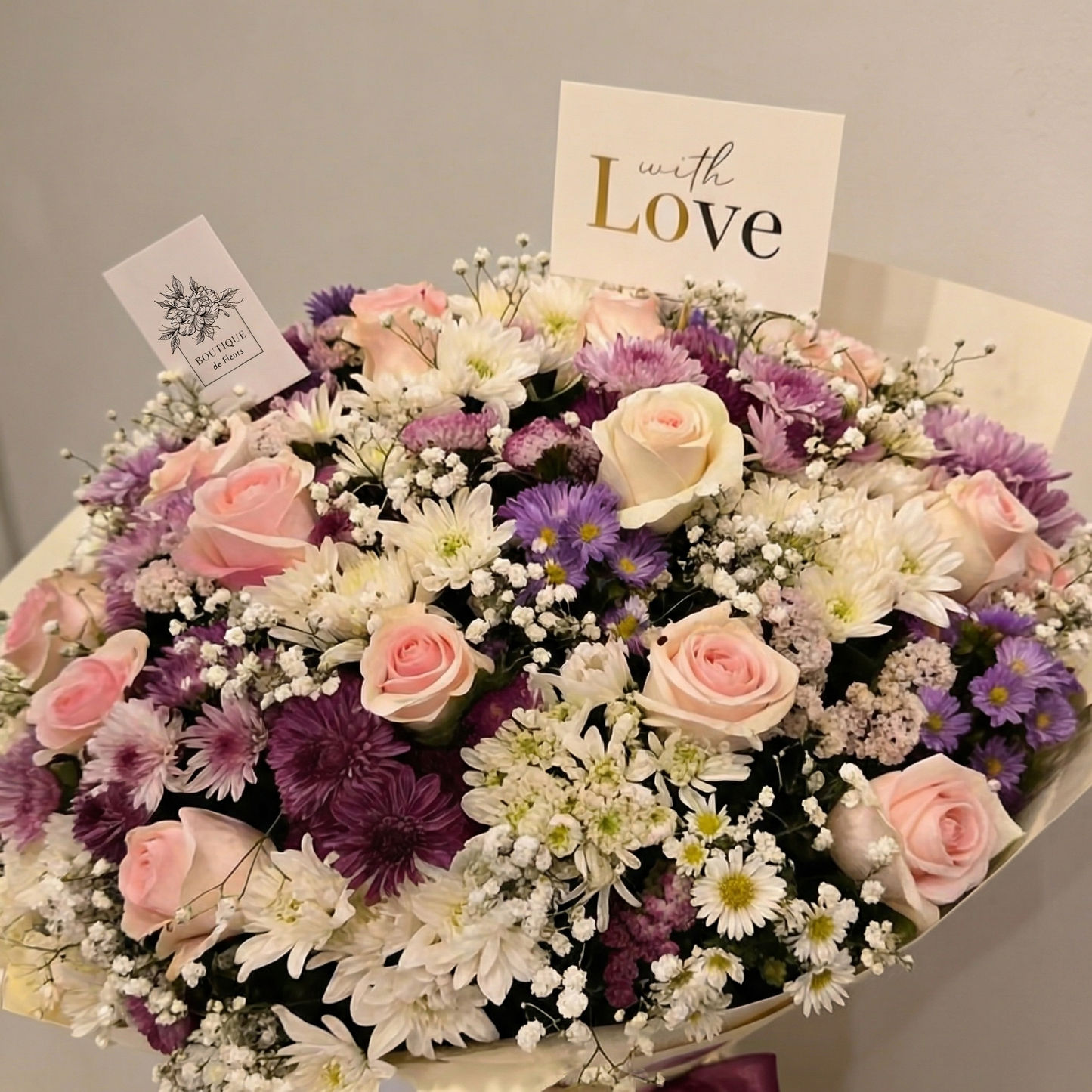 Blush Garden Luxe Bouquet Side View – Premium Garden-Style Luxury Bouquet | Boutique de Fleurs Lahore Pakistan
