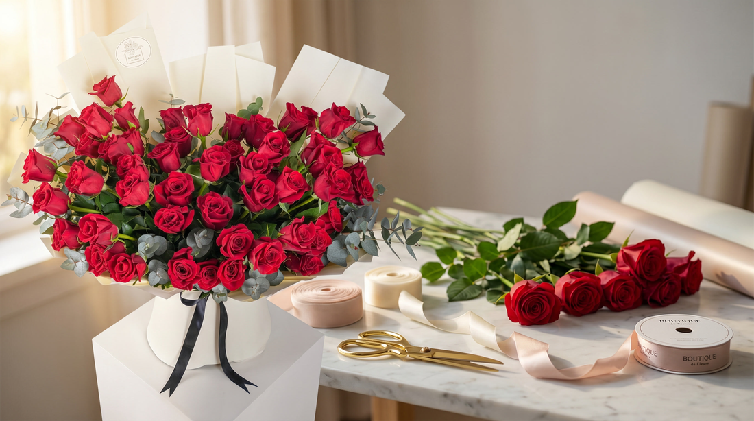 Florist hand-tying luxury rose bouquet — Boutique de Fleurs Lahore