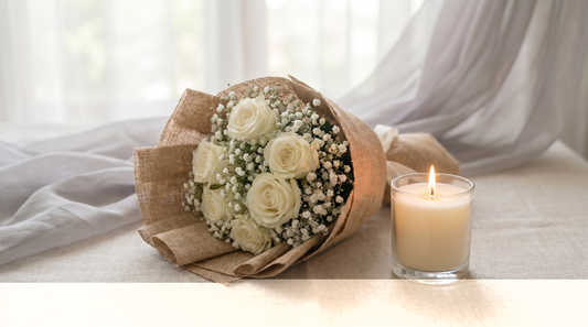 White sympathy flower arrangement — Boutique de Fleurs Lahore