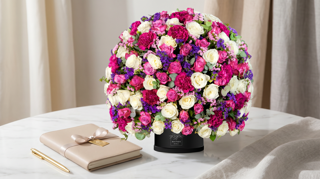 Flower hatbox next to hand-tied bouquet — Boutique de Fleurs Lahore