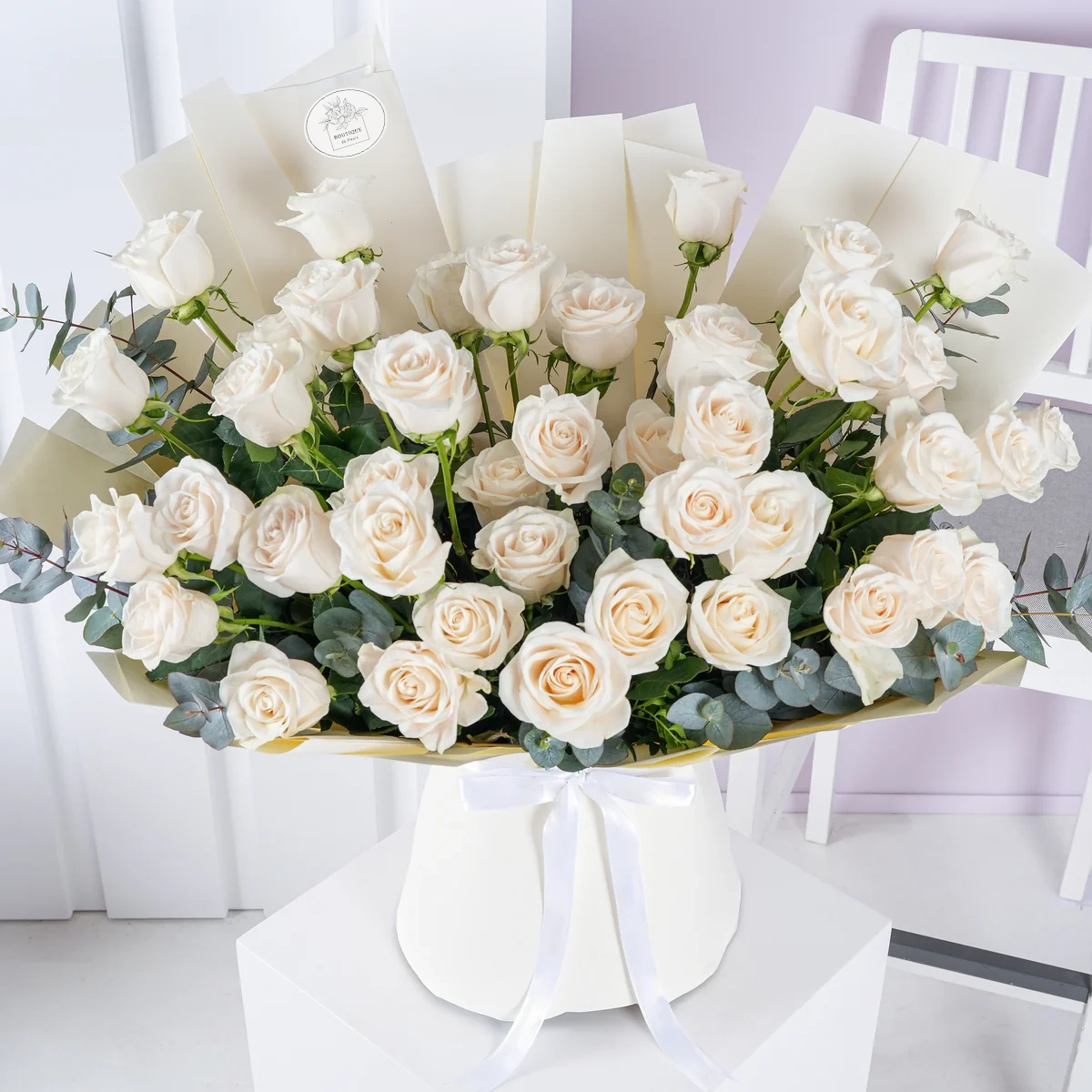 50 white roses bouquet in elegant wrapping – luxury floral arrangement for gifting