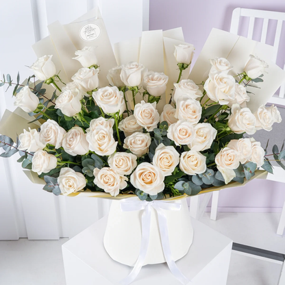 50 white roses bouquet in elegant wrapping – luxury floral arrangement for gifting