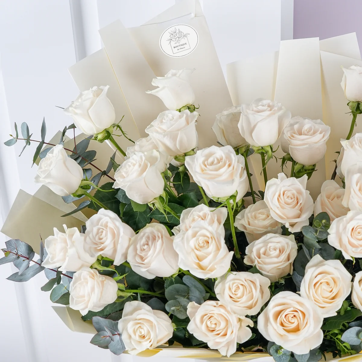 50 white roses bouquet in elegant wrapping – luxury floral arrangement for gifting