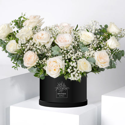 Ivory Grace Hatbox Detail – White Wax Flowers & Greenery | Boutique de Fleurs Lahore Pakistan