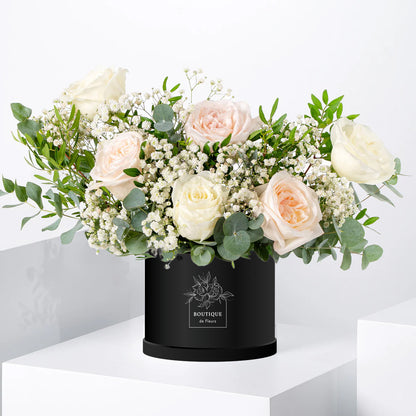 Petite Ivory Grace Hatbox Top View – White Rose Arrangement | Boutique de Fleurs Lahore Pakistan