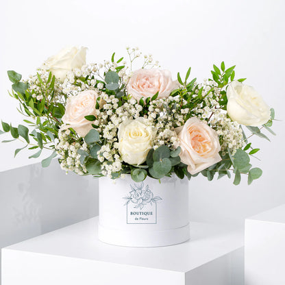 Petite Ivory Grace Hatbox Side View – Compact White Rose Hatbox | Boutique de Fleurs Lahore Pakistan
