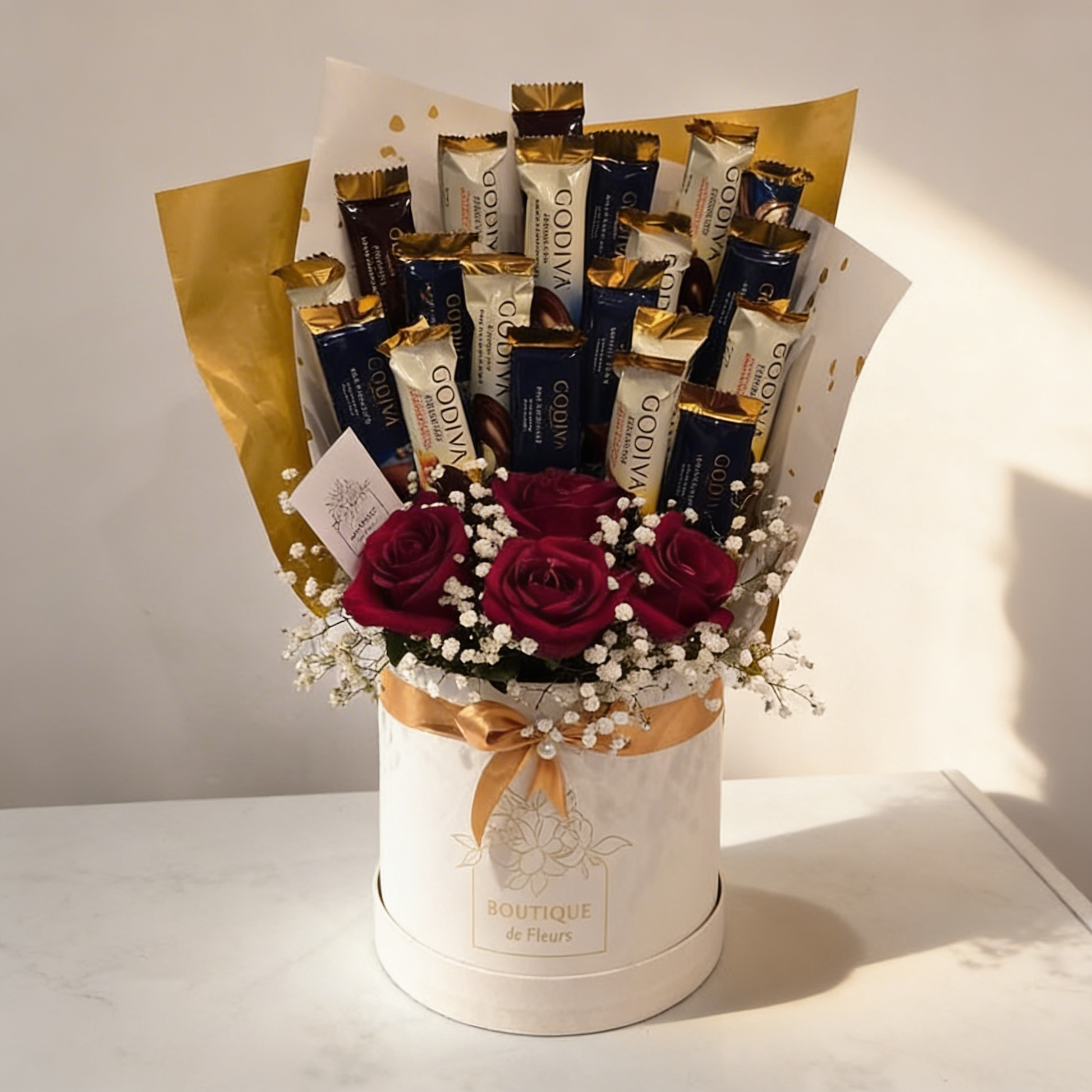 Crimson Indulgence Hatbox – Red Roses & Godiva Chocolates in Luxury Hatbox | Boutique de Fleurs Lahore Pakistan
