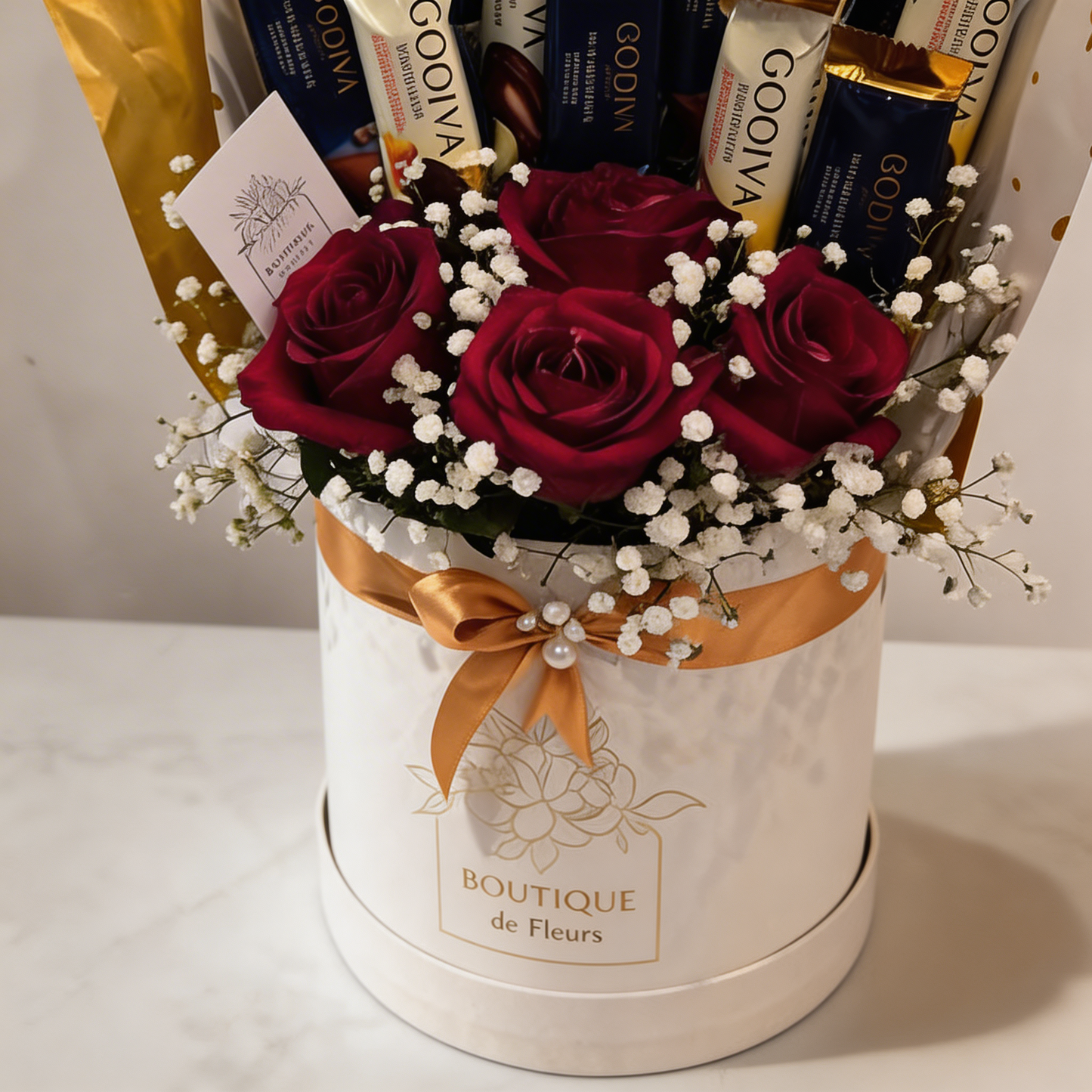 Crimson Indulgence Hatbox Detail – Velvety Red Roses with Godiva Chocolates | Boutique de Fleurs Lahore Pakistan