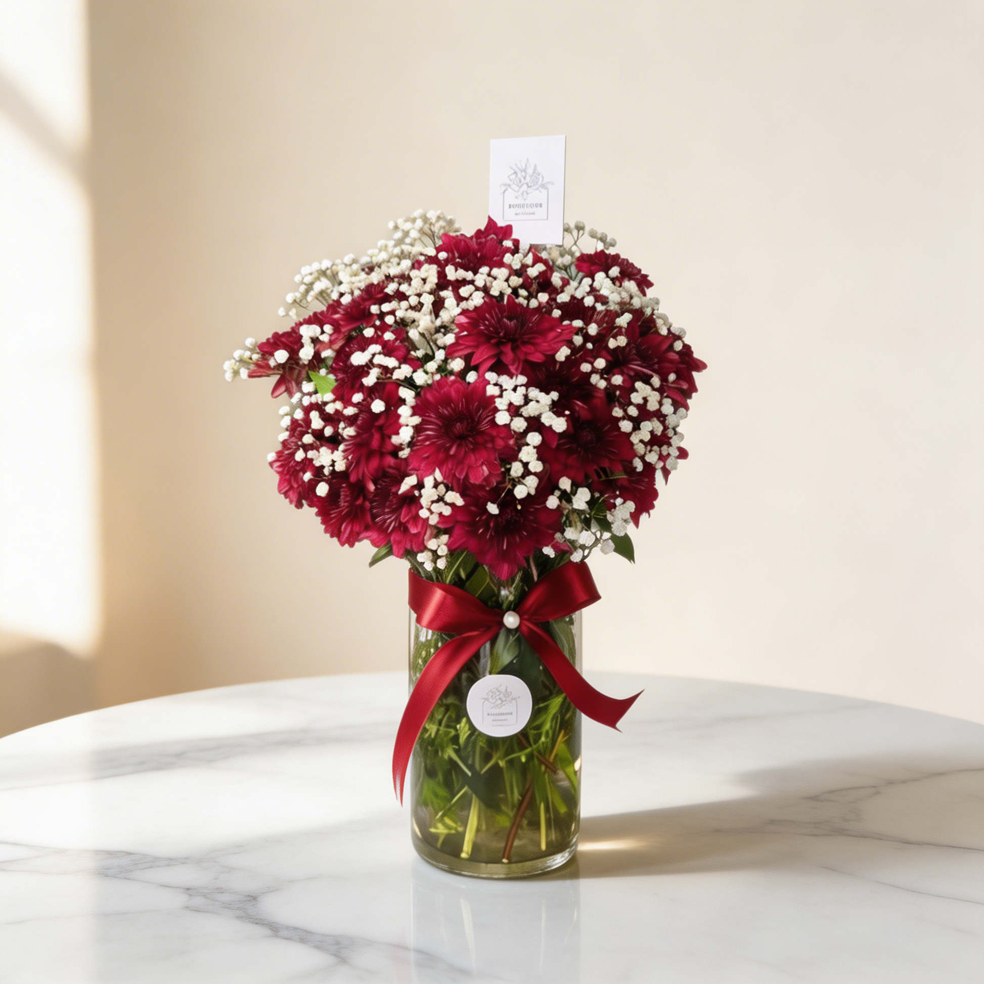 Maroon Elegance Vase – Deep Maroon Chrysanthemums with Baby's Breath | Boutique de Fleurs Lahore Pakistan