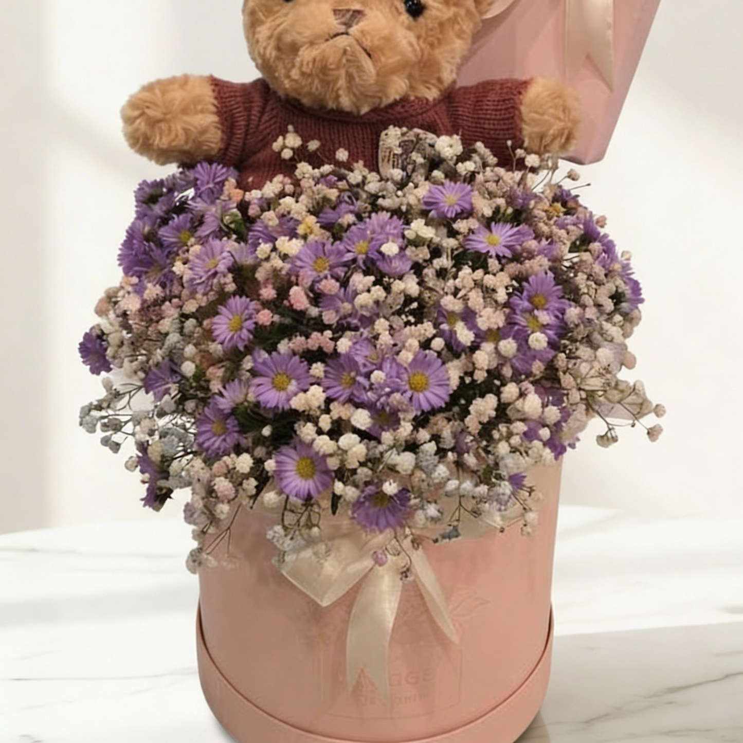 Pink Whisper Delight Hatbox Side View – Charming Floral & Teddy Bear Hatbox | Boutique de Fleurs Lahore Pakistan