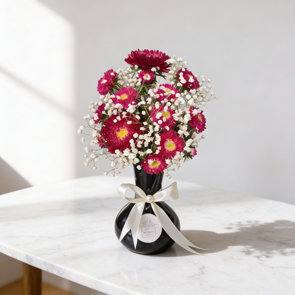 Crimson Whisper Vase – Vibrant Red Seed Asters with Baby's Breath | Boutique de Fleurs Lahore Pakistan