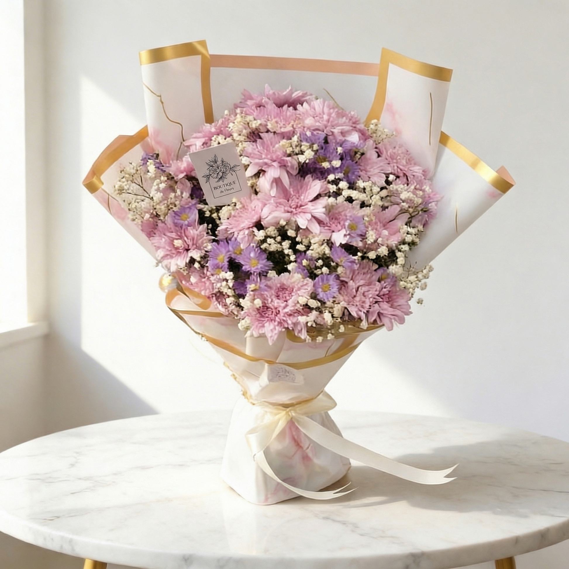 Lavender Serenity Bouquet – Lavender Chrysanthemums Spray Roses & Baby's Breath | Boutique de Fleurs Lahore Pakistan