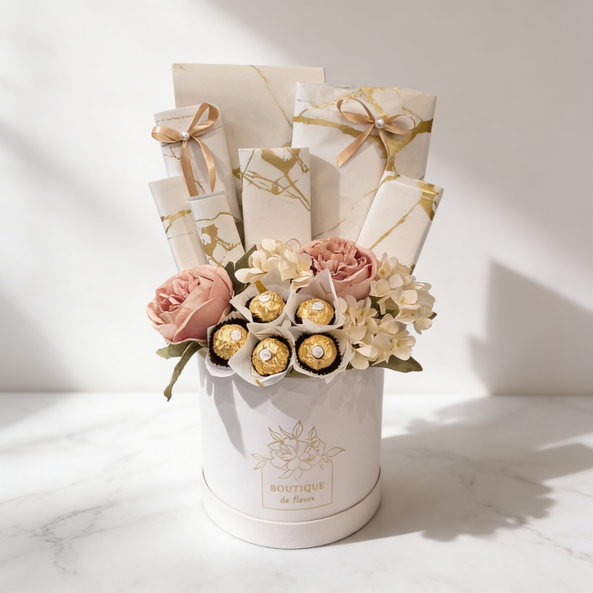 Peach Bliss Treat Box – Peach Artificial Blooms with Chocolates & Treats | Boutique de Fleurs Lahore Pakistan