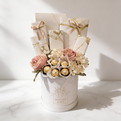 Peach Bliss Treat Box – Peach Artificial Blooms with Chocolates & Treats | Boutique de Fleurs Lahore Pakistan