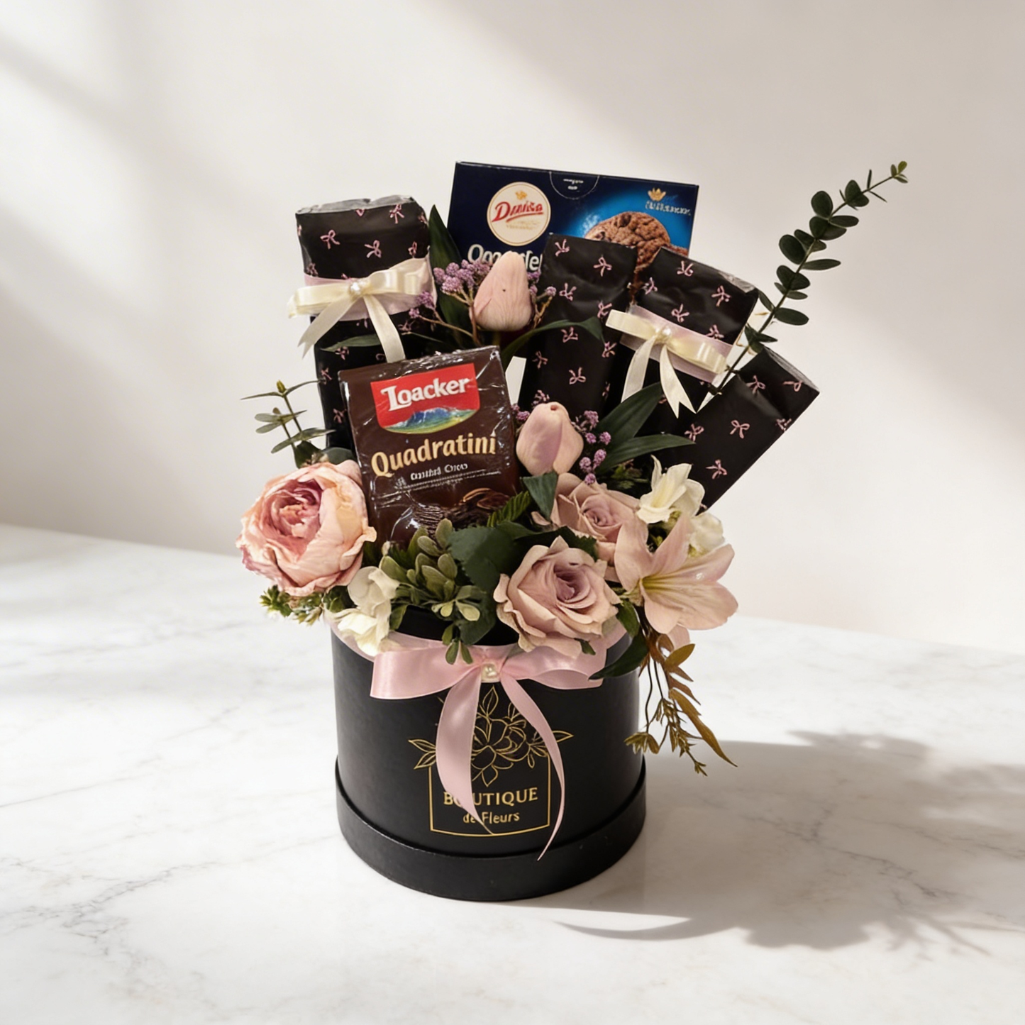 Midnight Treat Box – Red Roses with Luxury Treats in Sleek Black Box | Boutique de Fleurs Lahore Pakistan