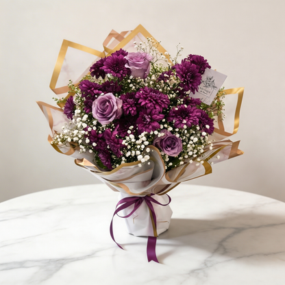Rosy Twilight Bouquet – Soft Pink Spray Chrysanthemums & Purple Blooms with Gypsophila | Boutique de Fleurs Lahore Pakistan