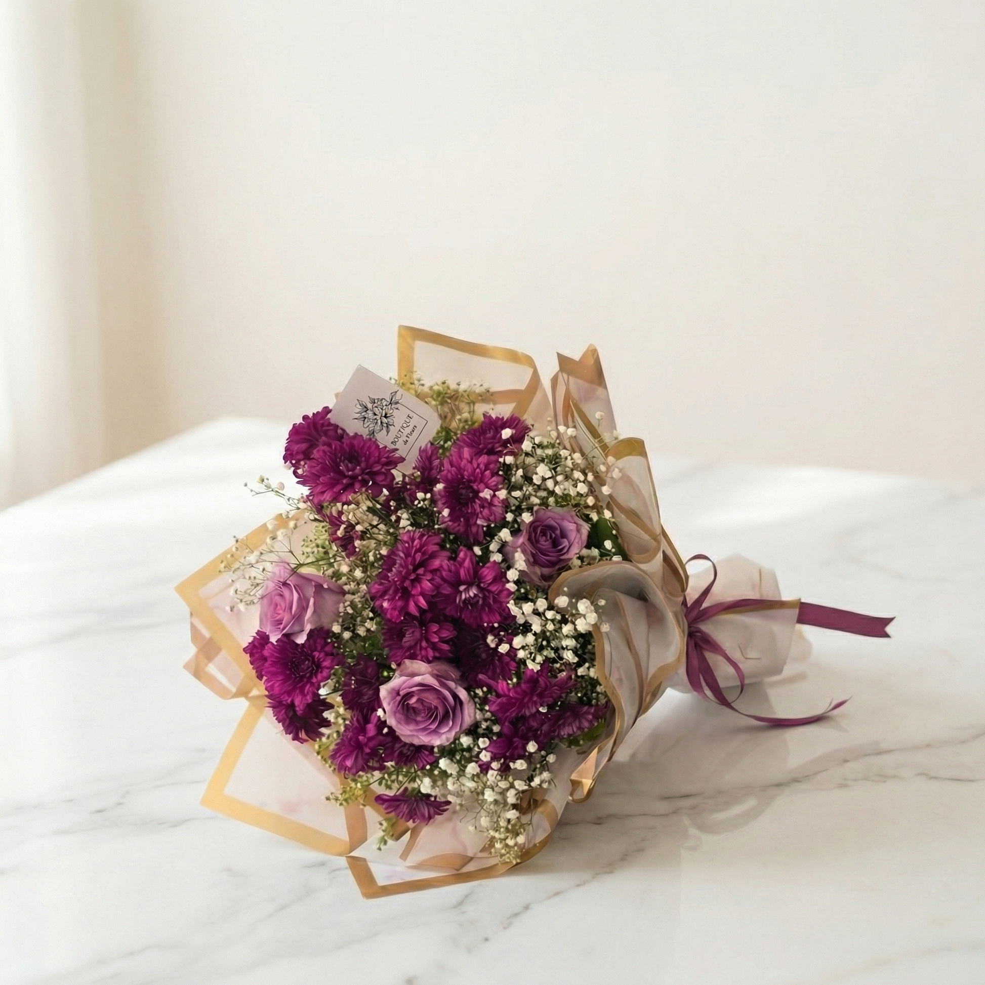 Rosy Twilight Bouquet Side View – Dreamy Pink & Purple Flower Arrangement | Boutique de Fleurs Lahore Pakistan