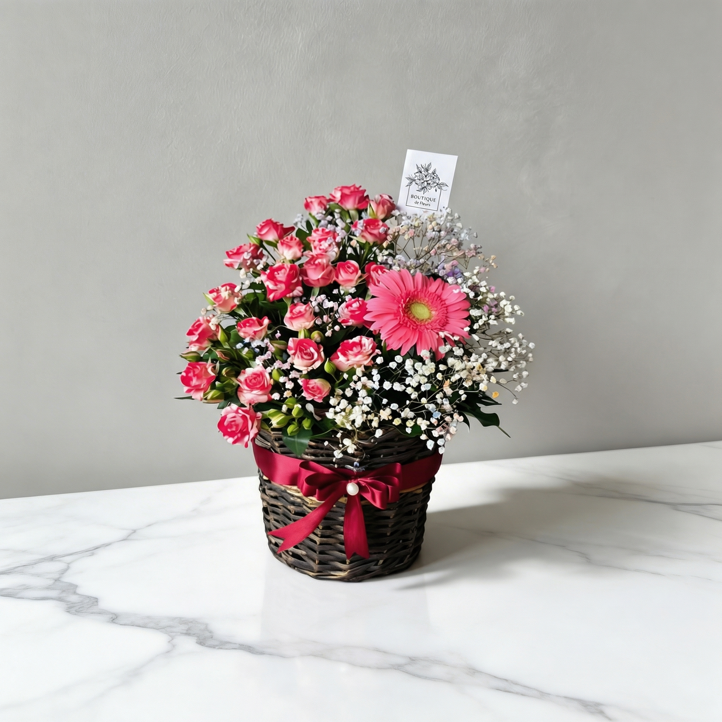 Blush Rose Basket – Vibrant Pink Spray Roses in Wicker Basket | Boutique de Fleurs Lahore Pakistan