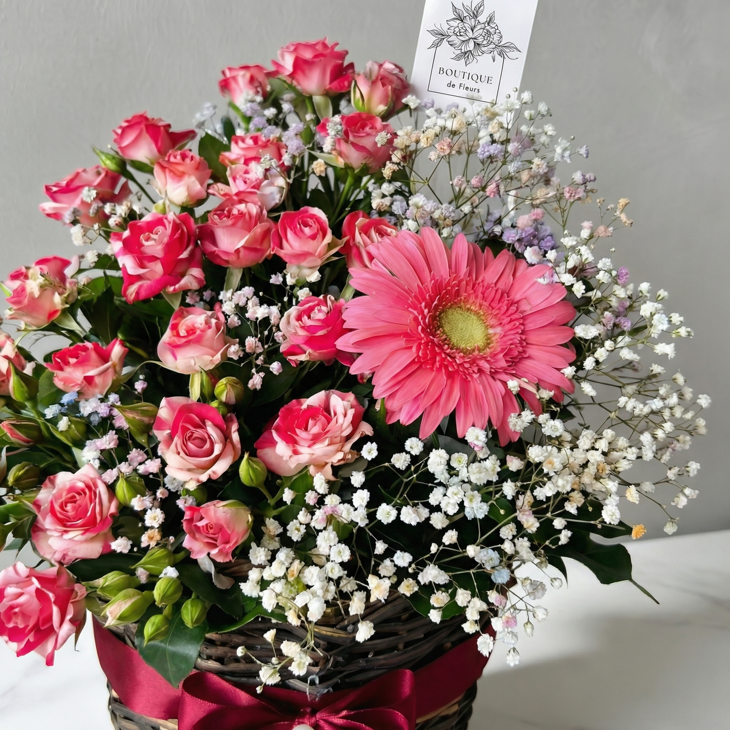 Blush Rose Basket Detail – Fresh Pink Spray Roses & Greenery | Boutique de Fleurs Lahore Pakistan
