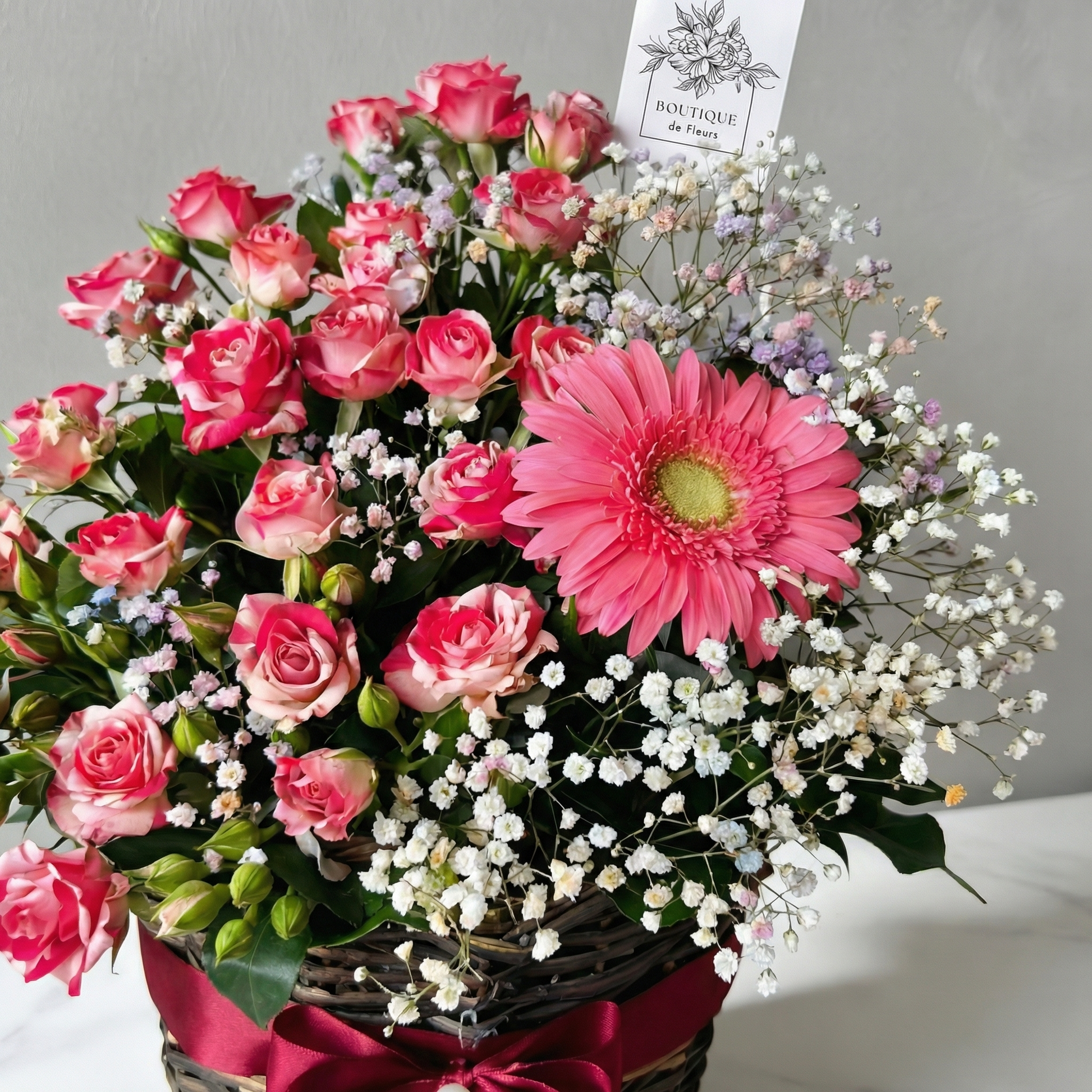 Blush Rose Basket Detail – Fresh Pink Spray Roses & Greenery | Boutique de Fleurs Lahore Pakistan
