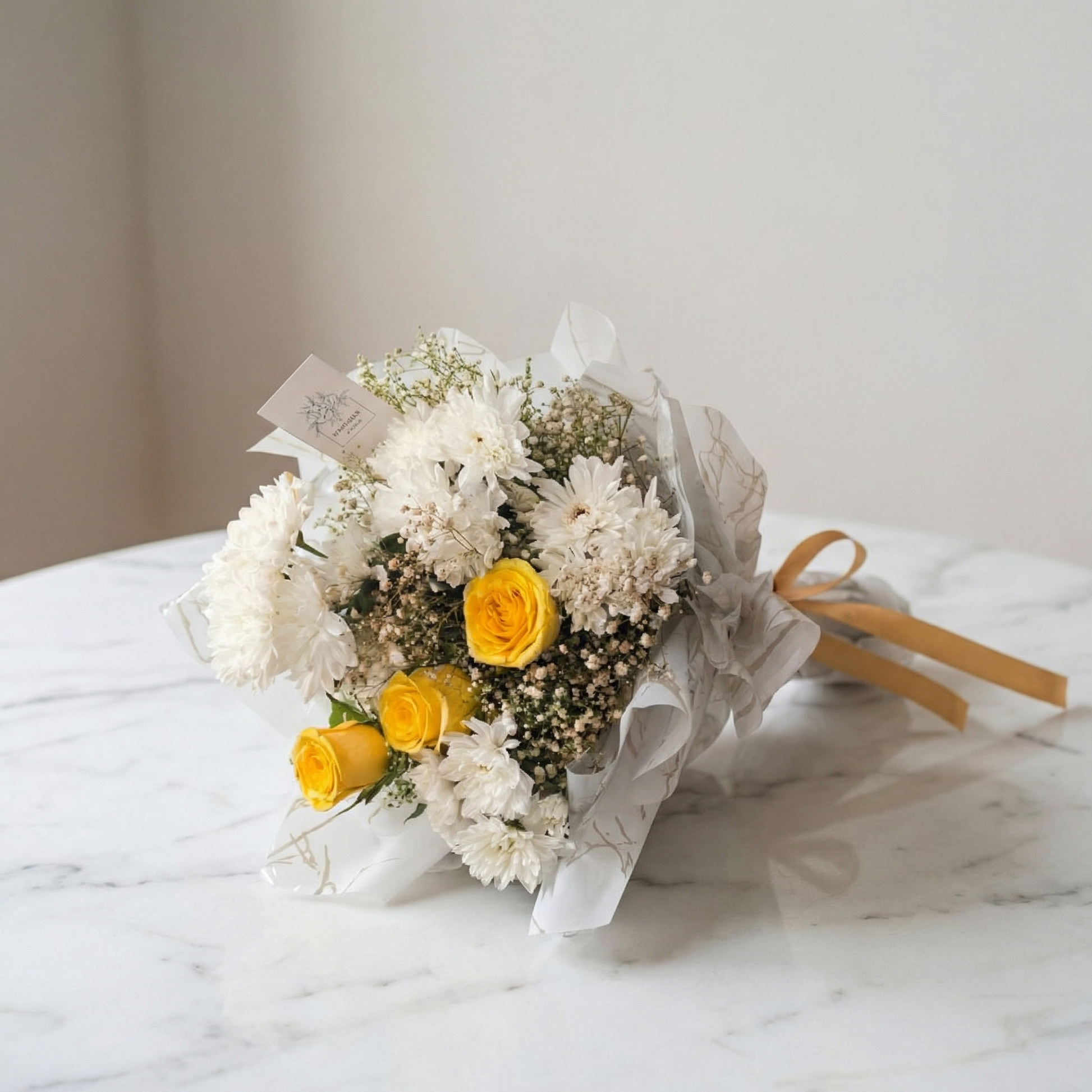 Sunshine Cheer Bloom Bouquet Detail – Sunny Yellow Rose & Chrysanthemum Bouquet | Boutique de Fleurs Lahore Pakistan