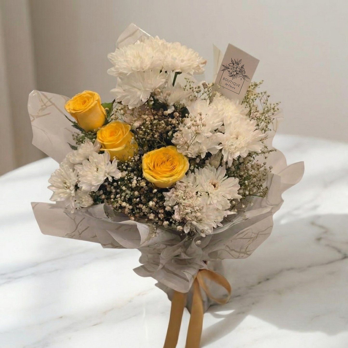 Sunshine Cheer Bloom Bouquet Side View – Bright Yellow Rose Arrangement | Boutique de Fleurs Lahore Pakistan