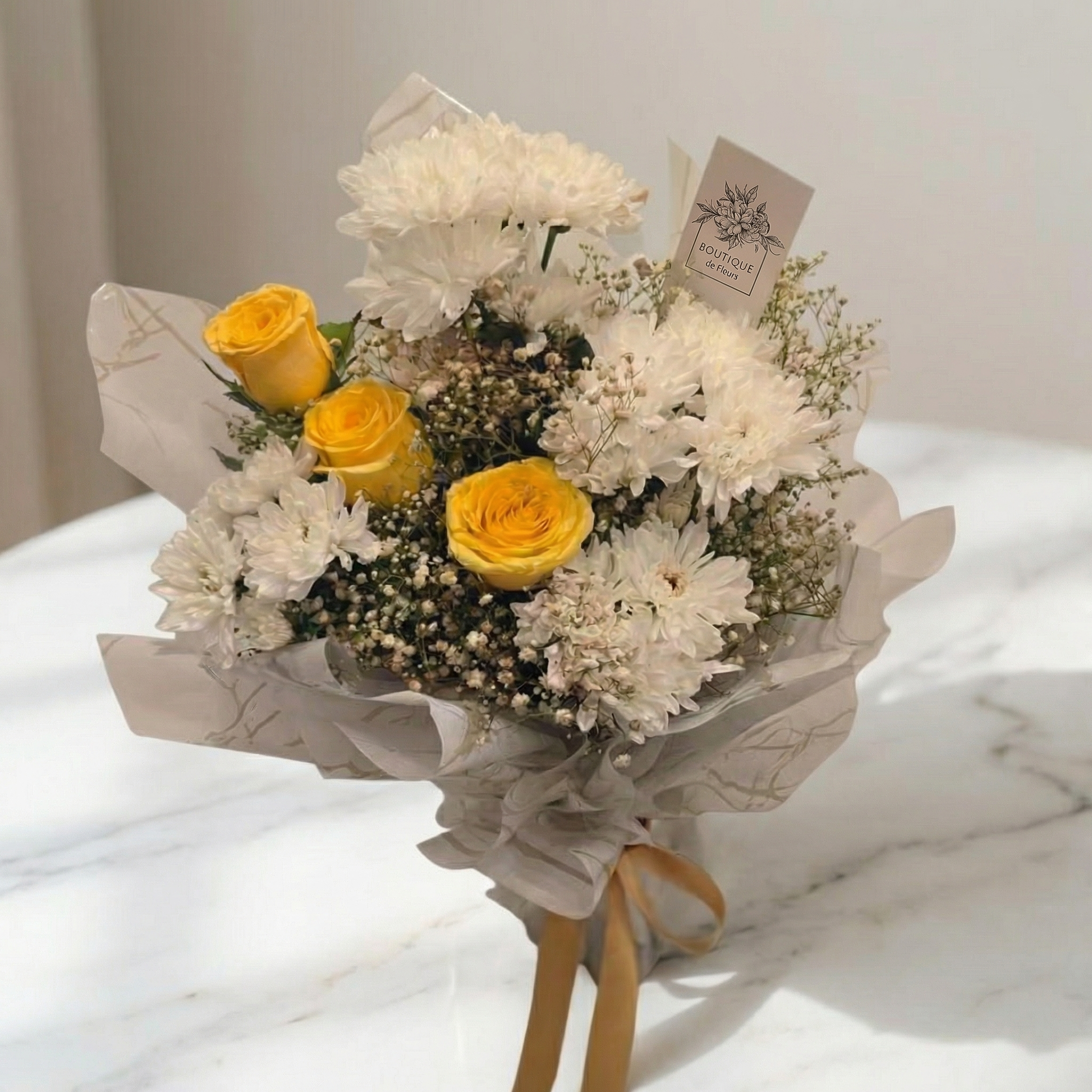 Sunshine Cheer Bloom Bouquet Side View – Bright Yellow Rose Arrangement | Boutique de Fleurs Lahore Pakistan