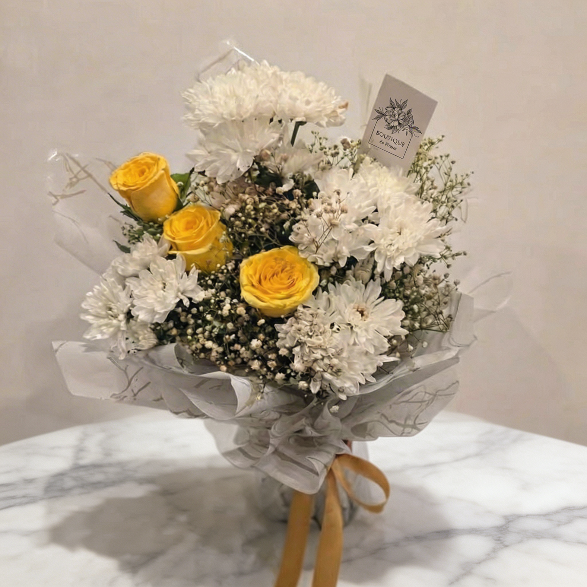Sunshine Cheer Bloom Bouquet – Yellow Roses White Chrysanthemums & Gypsophila | Boutique de Fleurs Lahore Pakistan