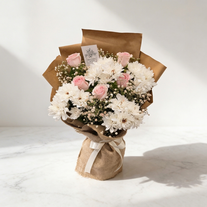 Blush Harmony Bouquet – White Chrysanthemums Pink Roses & Baby's Breath | Boutique de Fleurs Lahore Pakistan