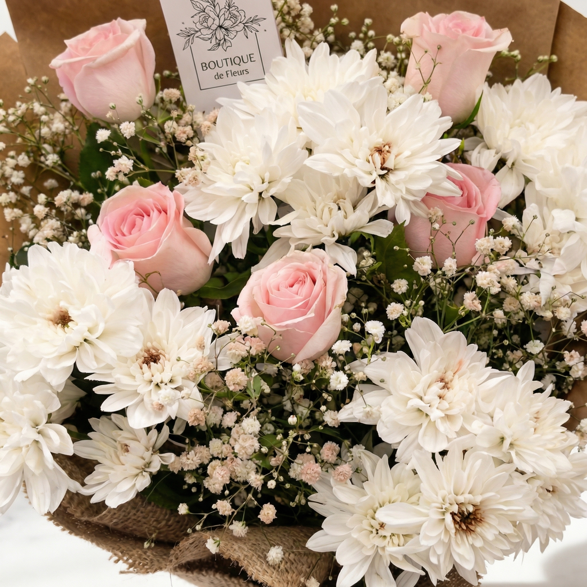 Blush Harmony Bouquet Side View – Soft Pink & White Floral Arrangement | Boutique de Fleurs Lahore Pakistan