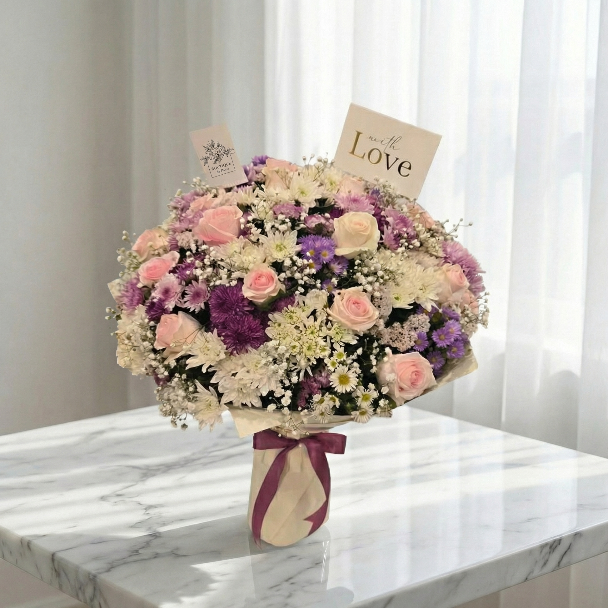 Blush Garden Luxe Bouquet – Soft Pink Roses White Chrysanthemums & Purple Asters | Boutique de Fleurs Lahore Pakistan