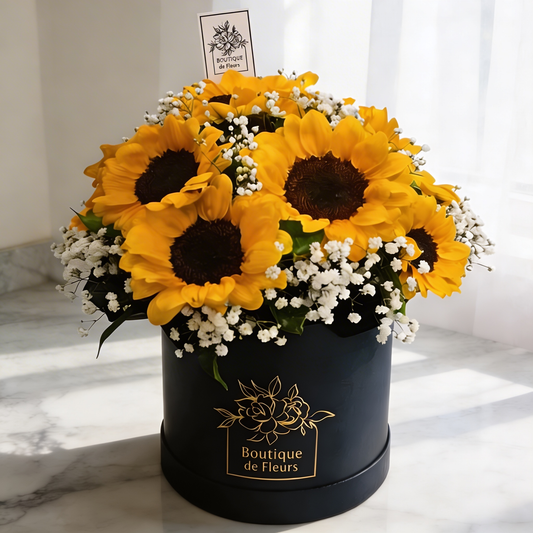 Golden Hour Sunflower Hatbox – Sunflowers & Baby's Breath in Luxury Hatbox | Boutique de Fleurs Lahore Pakistan