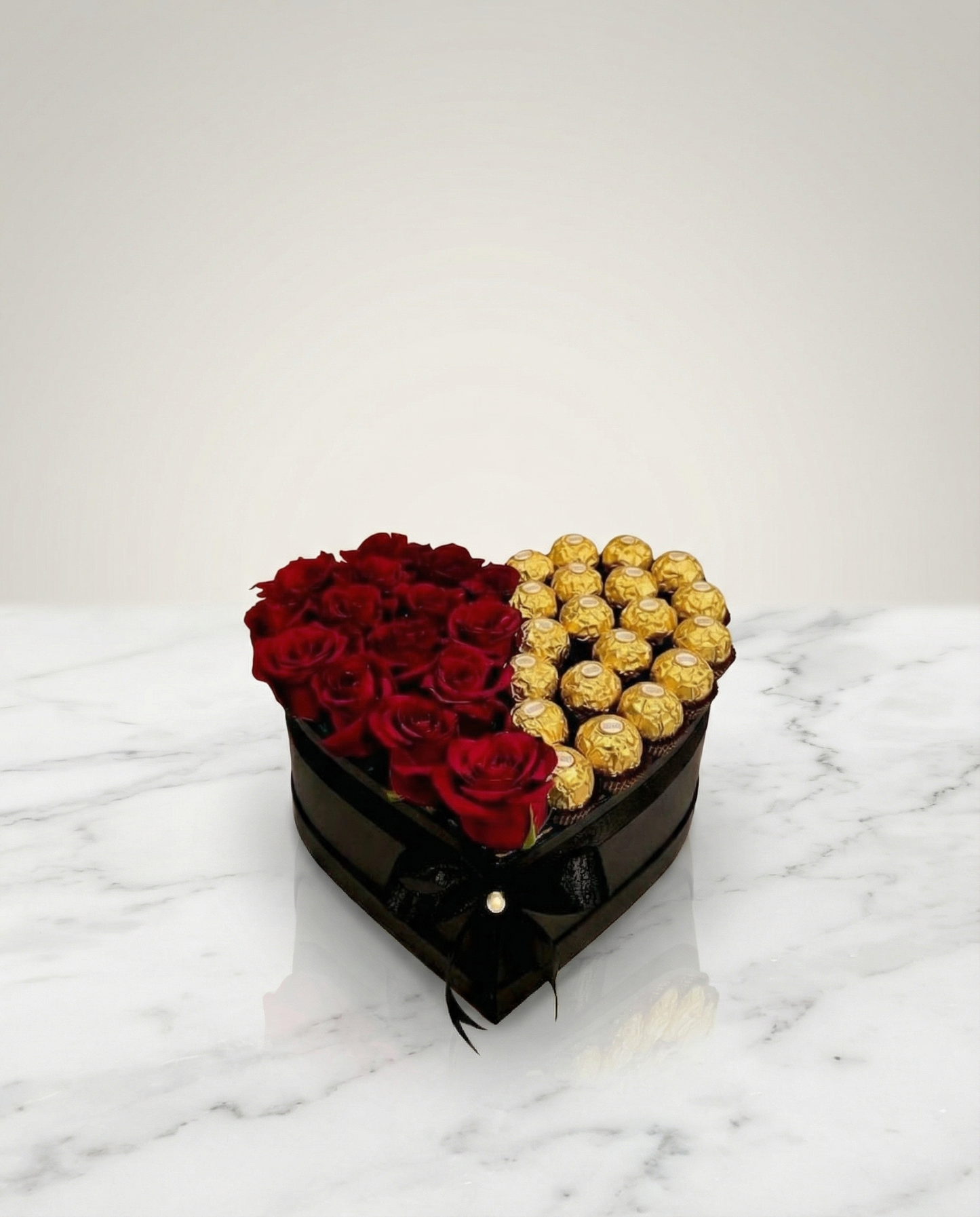 Amour Indulgence Heart Box – Fresh Red Roses & Ferrero Rocher in Heart Hatbox | Boutique de Fleurs Lahore Pakistan