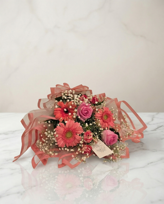 Petal Bloom Bouquet Side View – Feminine Pink Daisy Flower Arrangement | Boutique de Fleurs Lahore Pakistan