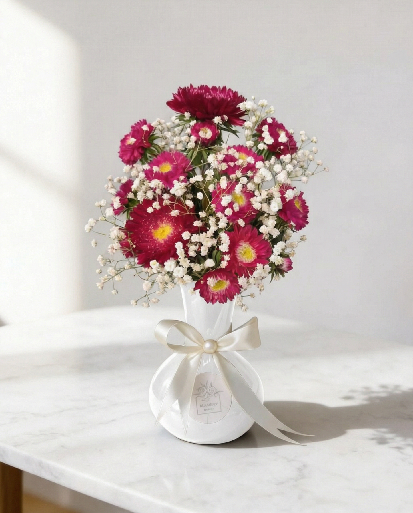 Crimson Whisper Vase Top View – Ethereal Red Aster & Baby's Breath Vase | Boutique de Fleurs Lahore Pakistan