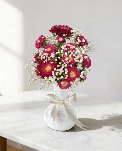 Crimson Whisper Vase Top View – Ethereal Red Aster & Baby's Breath Vase | Boutique de Fleurs Lahore Pakistan