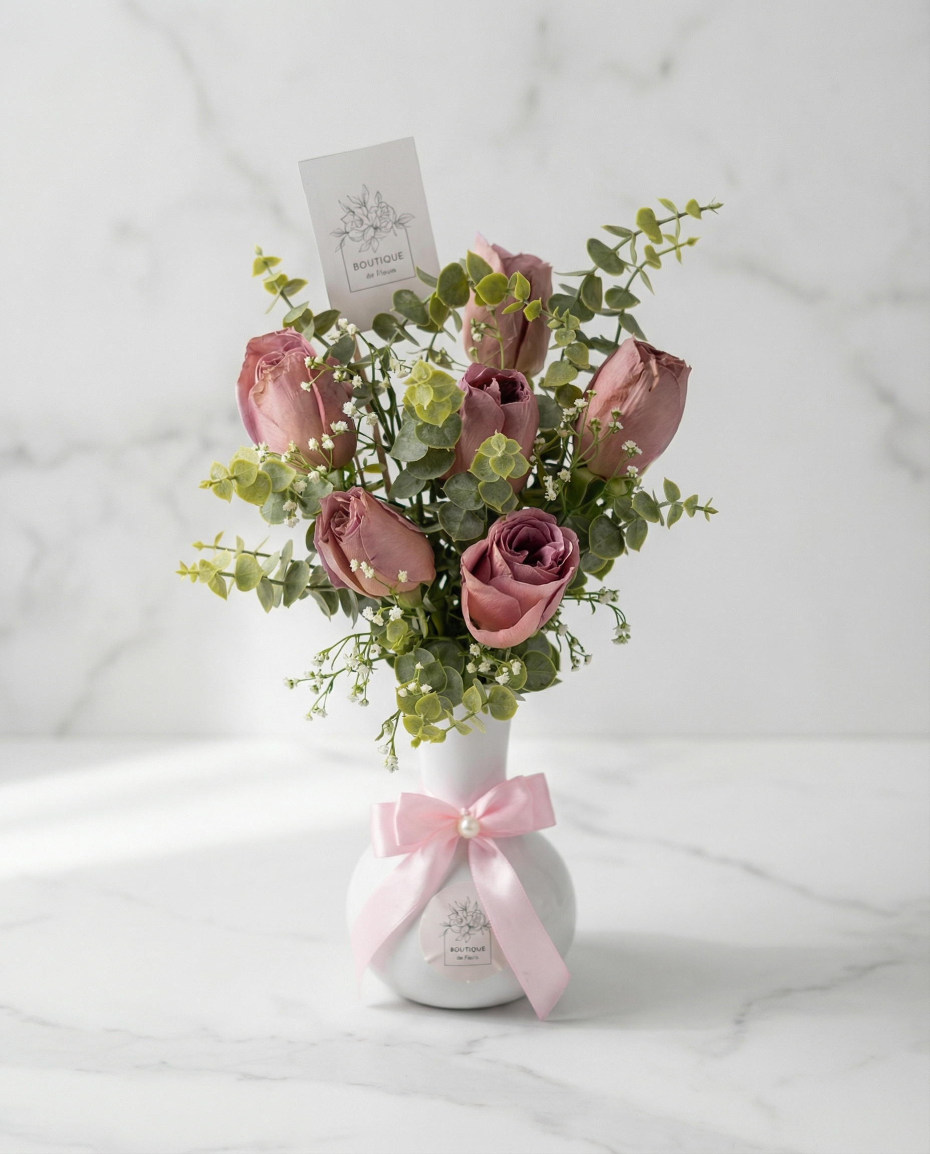 Mauve Whisper Rose Vase – Delicate Mauve Pink Roses with Eucalyptus | Boutique de Fleurs Lahore Pakistan