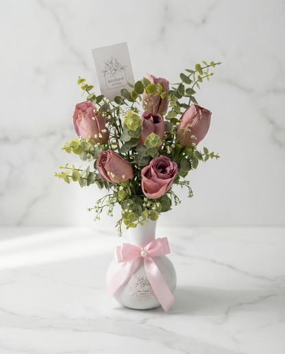 Mauve Whisper Rose Vase – Delicate Mauve Pink Roses with Eucalyptus | Boutique de Fleurs Lahore Pakistan