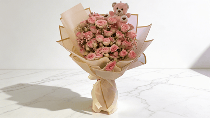 Blush Teddy Bloom Bouquet – Flower Bouquet with White Teddy Bear Gift | Boutique de Fleurs Lahore Pakistan