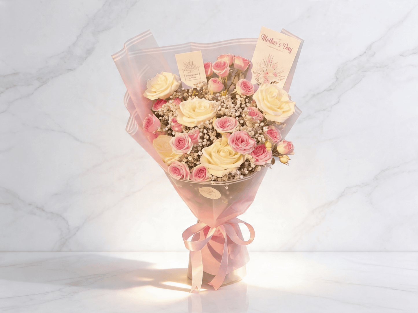 Blush Cloud Bouquet – Pink Roses Classic White Roses & Mixed Blooms | Boutique de Fleurs Lahore Pakistan