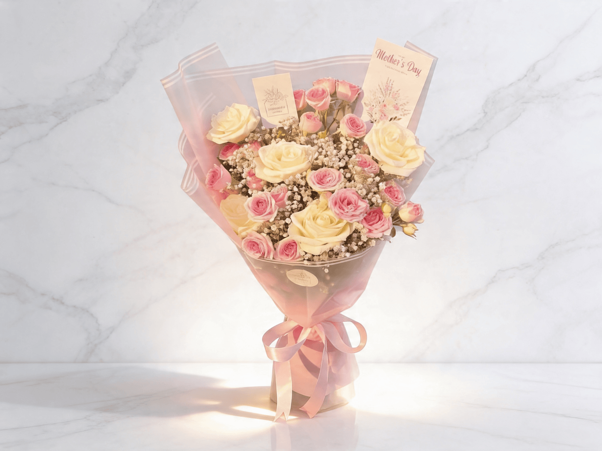 Blush Cloud Bouquet – Pink Roses Classic White Roses & Mixed Blooms | Boutique de Fleurs Lahore Pakistan