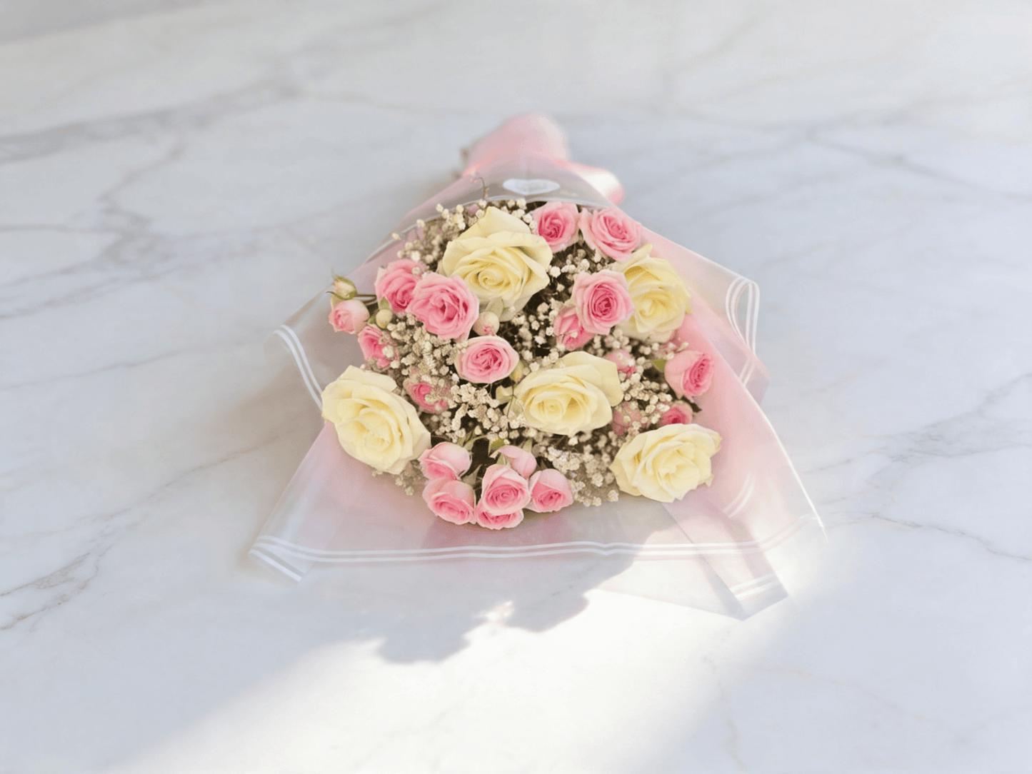 Blush Cloud Bouquet Side View – Soft Pink & White Rose Bouquet for Mums | Boutique de Fleurs Lahore Pakistan