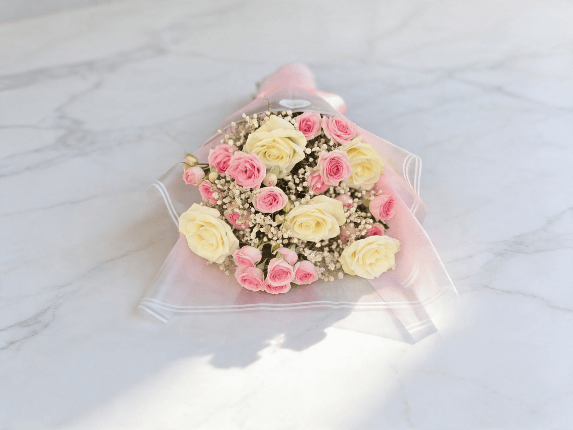 Blush Cloud Bouquet Side View – Soft Pink & White Rose Bouquet for Mums | Boutique de Fleurs Lahore Pakistan