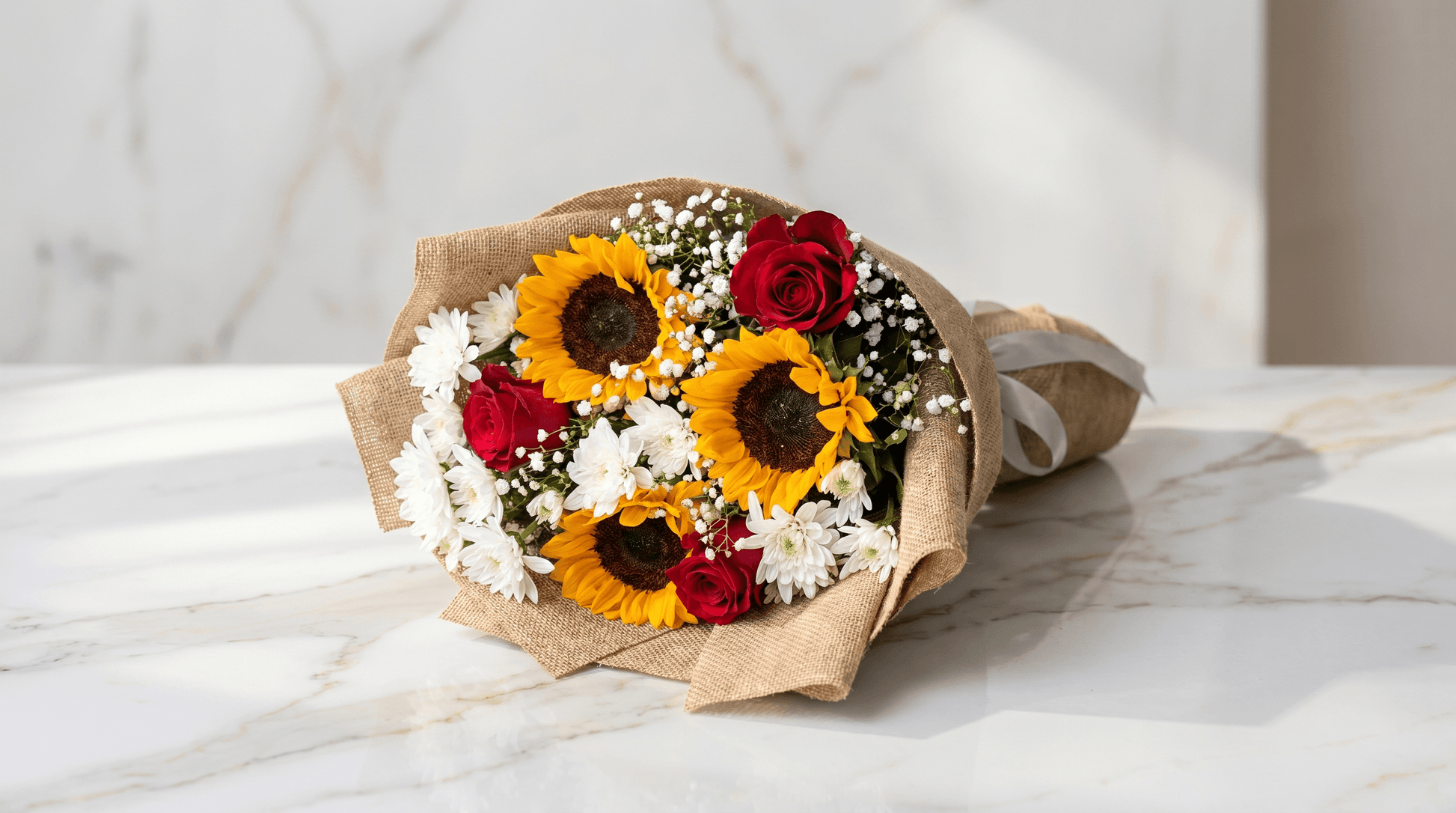 Sunshine Trio Bloom Side View – Vibrant Sunflower & Rose Arrangement | Boutique de Fleurs Lahore Pakistan